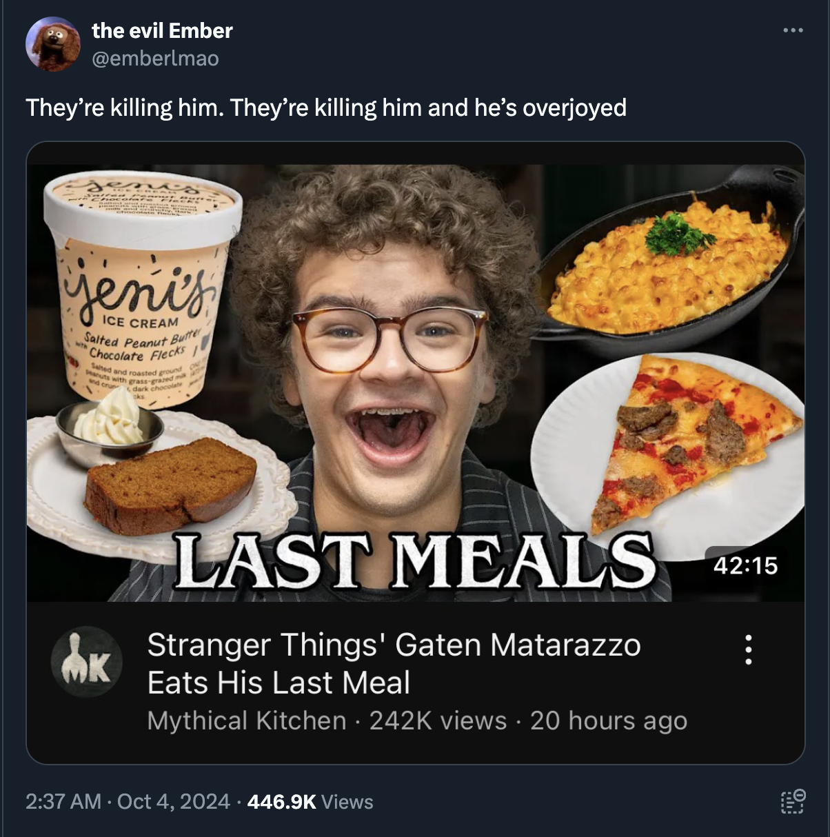 pumpkin pie - the evil Ember They're killing him. They're killing him and he's overjoyed jeni's Ice Salted Peanut Butt Chocolate Fleck Last Meals Stranger Things' Gaten Matarazzo Eats His Last Meal Mythical Kitchen views 20 hours ago Views